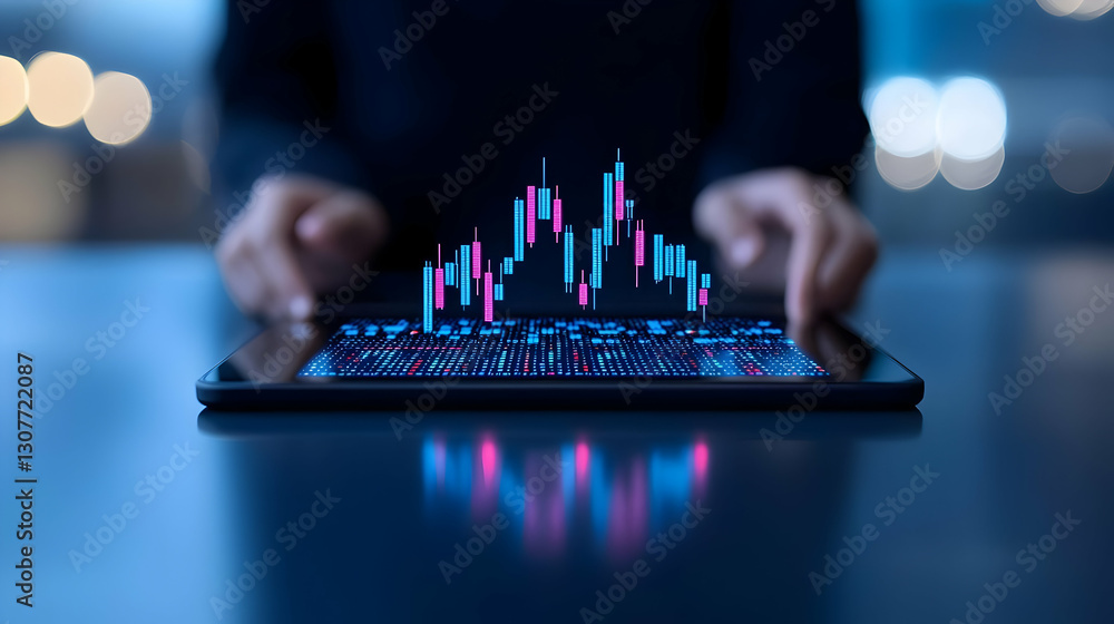 Poster digital financial data visualization on tablet with soft focus background