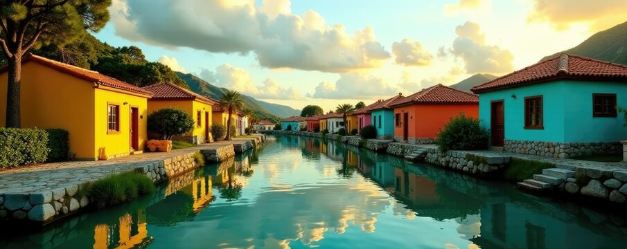 Casas tipicas con azulejos verdes al atardecer, r?o Moldava, agua brillante, arco iris