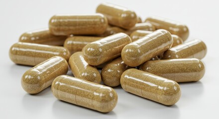 Herbal Supplement Capsules - A pile of light brown herbal supplement capsules on a white background. Healthy lifestyle concept