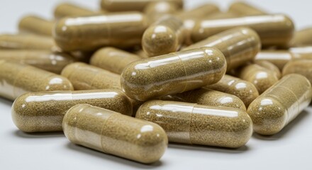 Herbal Supplement Capsules Pile - Natural health, wellness, herbal remedy, alternative medicine, dietary supplement. A pile of herbal capsules symbolizes holistic health and well-being