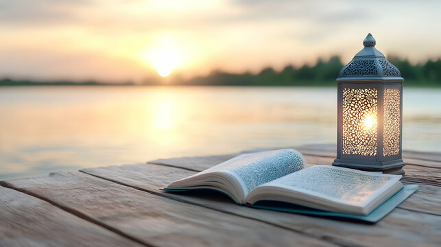 Serene sunset over lake; open book and lantern on wooden dock; peaceful meditation scene; ideal for spirituality, relaxation, or faith-based content