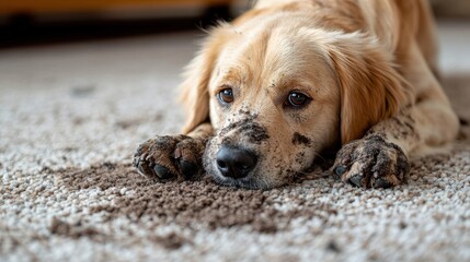 Fototapeta na wymiar Cute dog leaving muddy paw prints on carpet