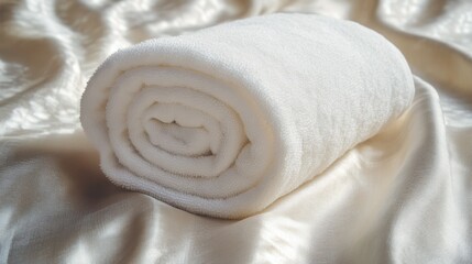 Rolled white towel on soft fabric, ideal for spa or home use.