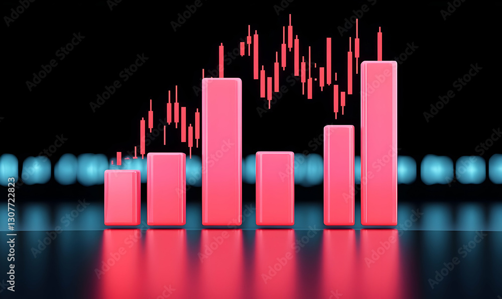 Poster red bar graph with candlestick chart on black background