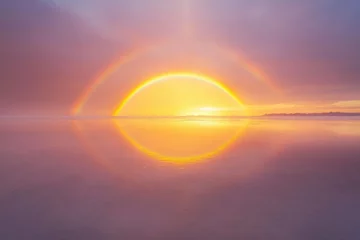 A breathtaking sunset over calm waters, featuring a double rainbow reflected perfectly in the still surface.
