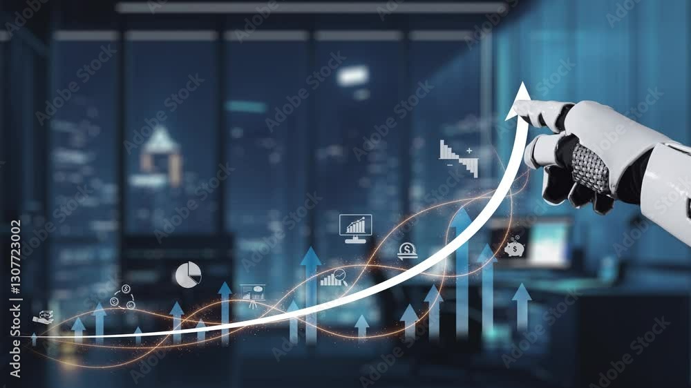 Poster a robotic hand points towards a series of rising data graphs in a sleek office environment, symboliz