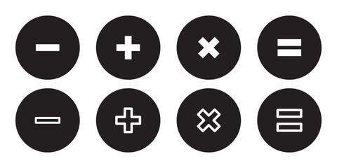 Plus and minus icon set. Math symbol. Add sign. Multiply icon. Calculator button, business finance concept in vector flat