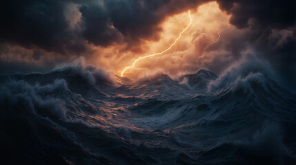 Dramatic ocean storm with powerful waves crashing under dark thunderclouds and lightning.