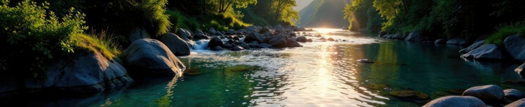 Calceata di acqua nel fiume Pitrisconi al tramonto con una luce dorata, cascata, montagna, serata