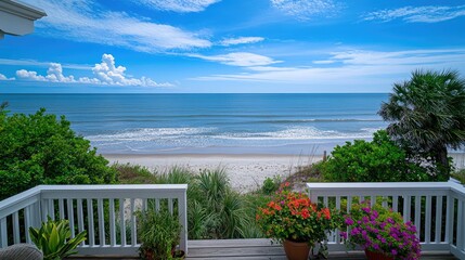 Fototapeta premium A beautiful deck provides a stunning view of the calm ocean and sandy beach. Lush greenery and vibrant flowers adorn the foreground under a clear blue sky