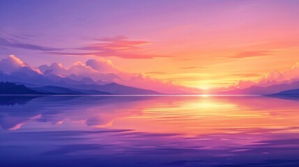 Fototapeta premium Vibrant sunset over calm lake reflecting colorful sky and mountains.