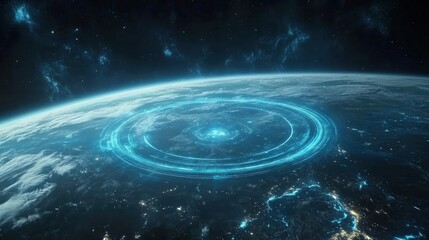 Earth with glowing rings over cities in space.  Possible use Science fiction stock photo