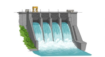 Hydroelectric Dam Power Generation - A detailed illustration of a hydroelectric dam with four spillways releasing water. Clean energy generation