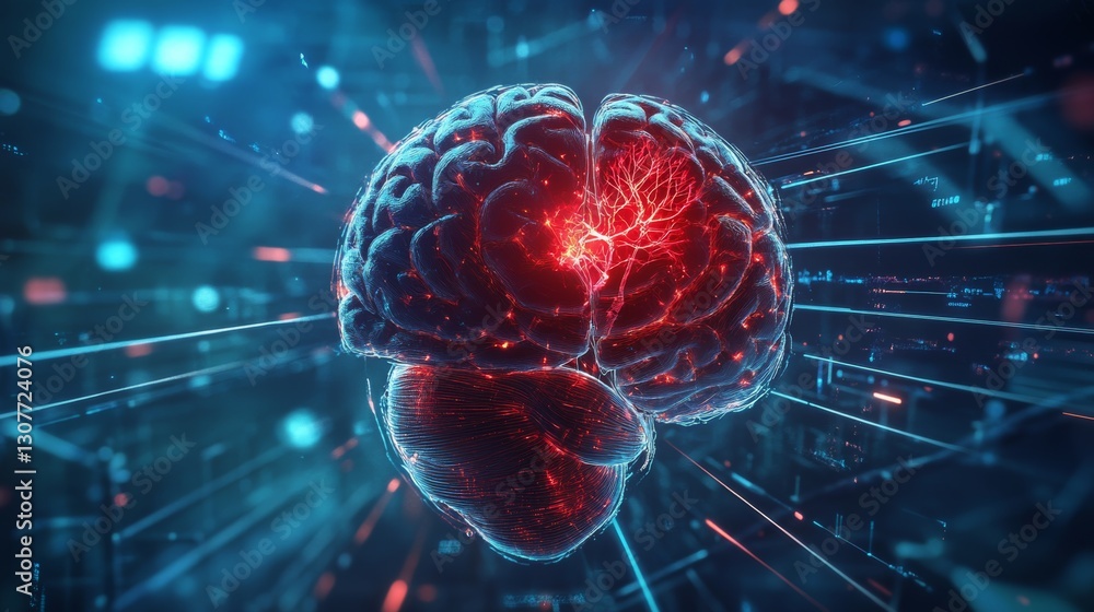 Poster heart and brain interconnected in a futuristic design, symbolizing the interplay between emotions an