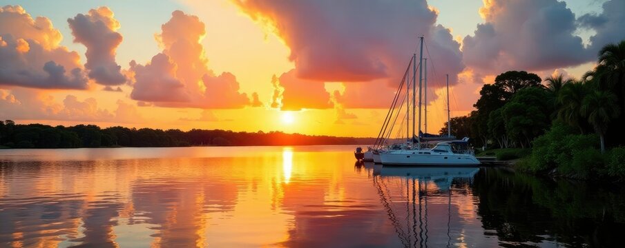 Sailing boats docked at St Lucie intracoastal river, harbor, sunset, trees