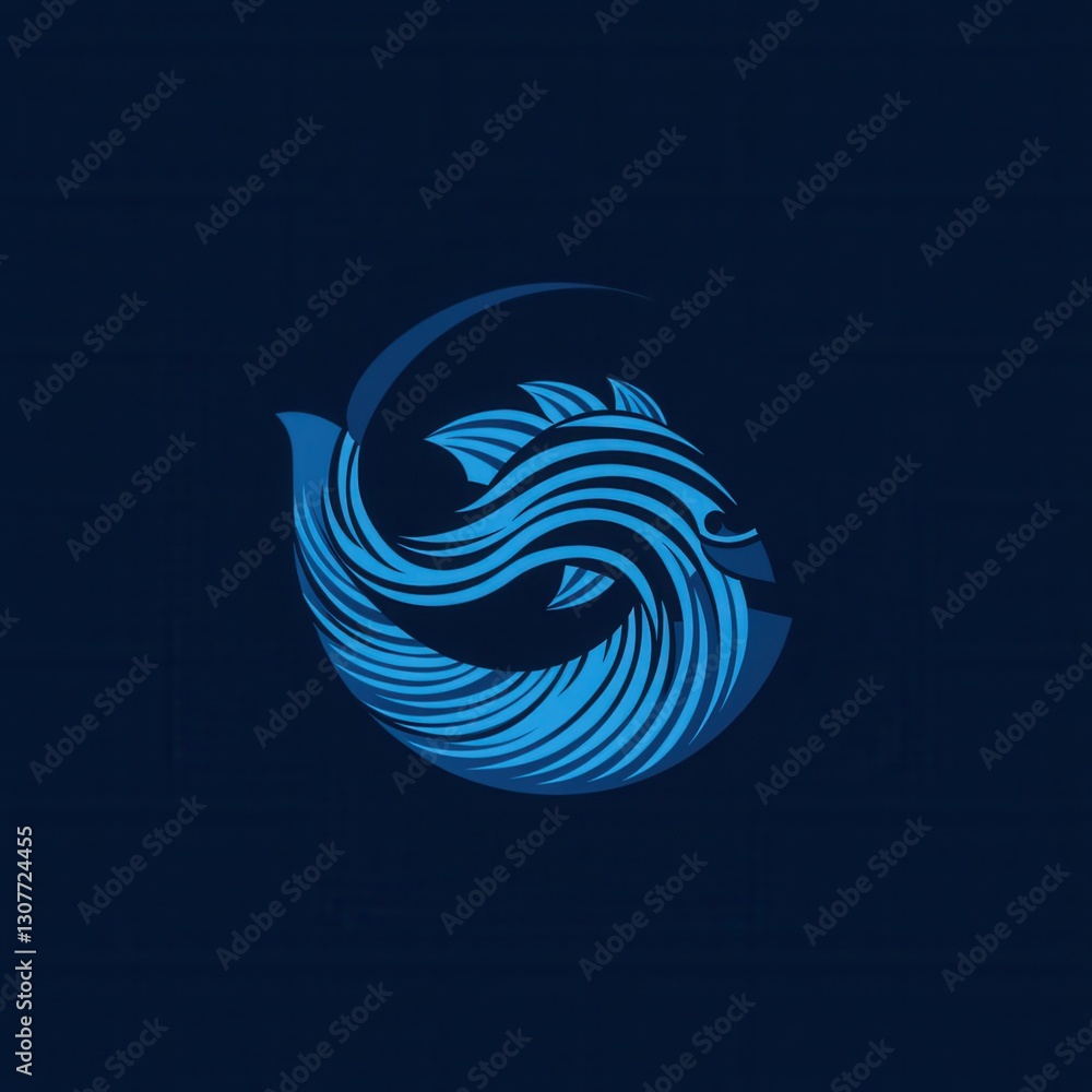 Fototapete abstract fish logo featuring wave patterns in cool blue tones for a minimalist aquatic theme design 
