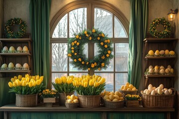 Obraz premium Easter shop window display with yellow tulips, wreaths, and eggs.