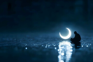 Silhouette of person praying by crescent moon reflecting in water at night, for Ramadan or spiritual peace themes