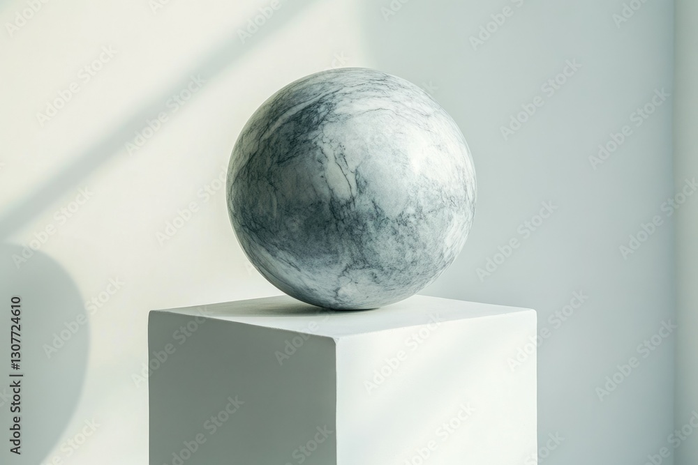 Poster a serene grey marble sphere rests elegantly on a minimalist white cube, creating a visually balanced