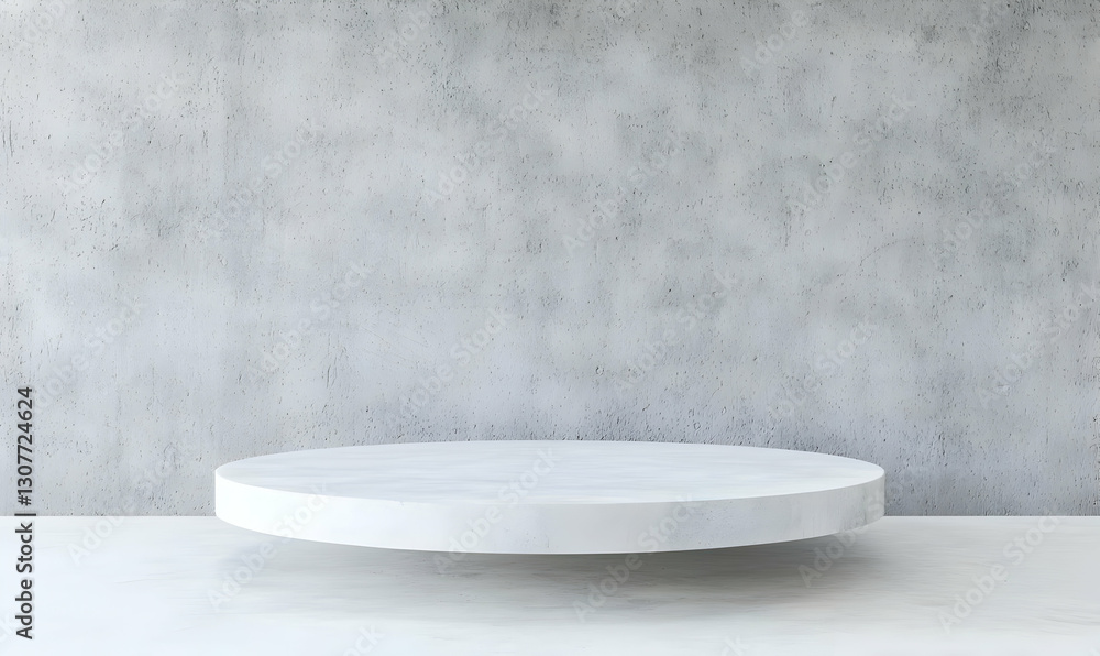 Poster minimalist white circular table display on neutral gray background