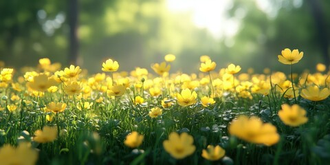 Obraz premium Colorful yellow flowers blanket a lush green field during a bright sunny day in springtime