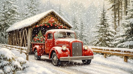 Red Truck, Snowstorm, Covered Bridge, Winter Scene