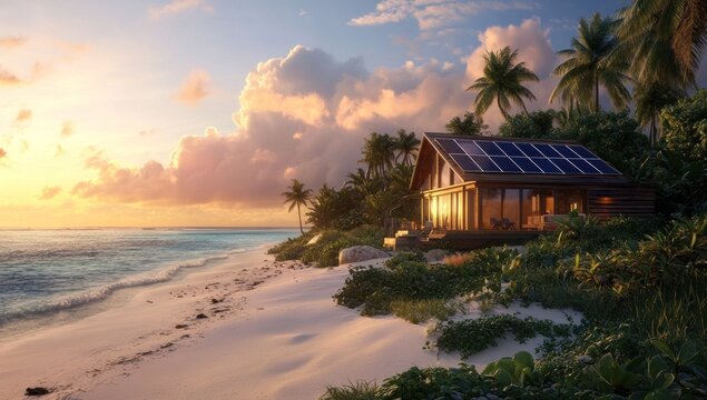 Eco-friendly beach house at sunset with solar panels. Tranquil coastal home on a tropical island.