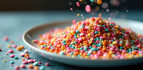 Obraz premium Round sprinkles falling off a plate onto a surface, sprinkles, spill, messy scene