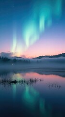 Fototapeta premium A misty lake at dusk with an ethereal glow from the aurora borealis, misty, lakes with northern lights