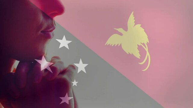 Thinking over flags of China and Papua New Guinea, silhouette with animation