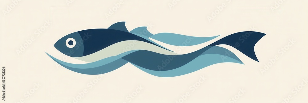 Poster abstract fish logo featuring wave patterns with a minimalist aquatic theme in cool blue tones genera