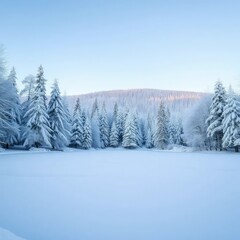 Fototapeta premium A serene winter landscape with a frozen lake and snow-covered trees, calmness, serene