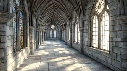 Fototapeta premium Scholarly depiction of Gothic architecture restoration focusing on intricate stone masonry stained glass preservation and structural integrity assessment