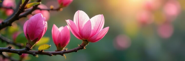 Fototapeta premium Soft pink petals unfurl on slender tree branches, leafy, pink, foliage