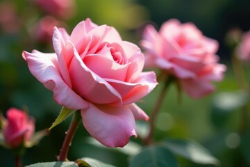 Soft pink rose petals falling from a stem in a garden, macro, flowers, garden
