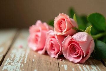 A delicate rose bouquet on a distressed wood table with a subtle tan finish, tan,