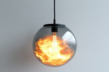 A spherical glass pendant lamp with a flame-like lightbulb inside, creating a mesmerizing effect.