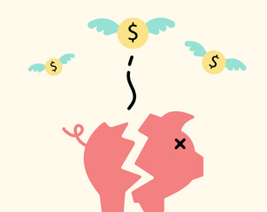 Money flying from broken bank, bankruptcy illustration