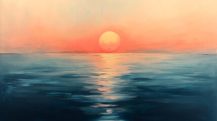 Obraz premium Serene Sunset Ocean Painting Warm Hues Calm Waters. AI Generated
