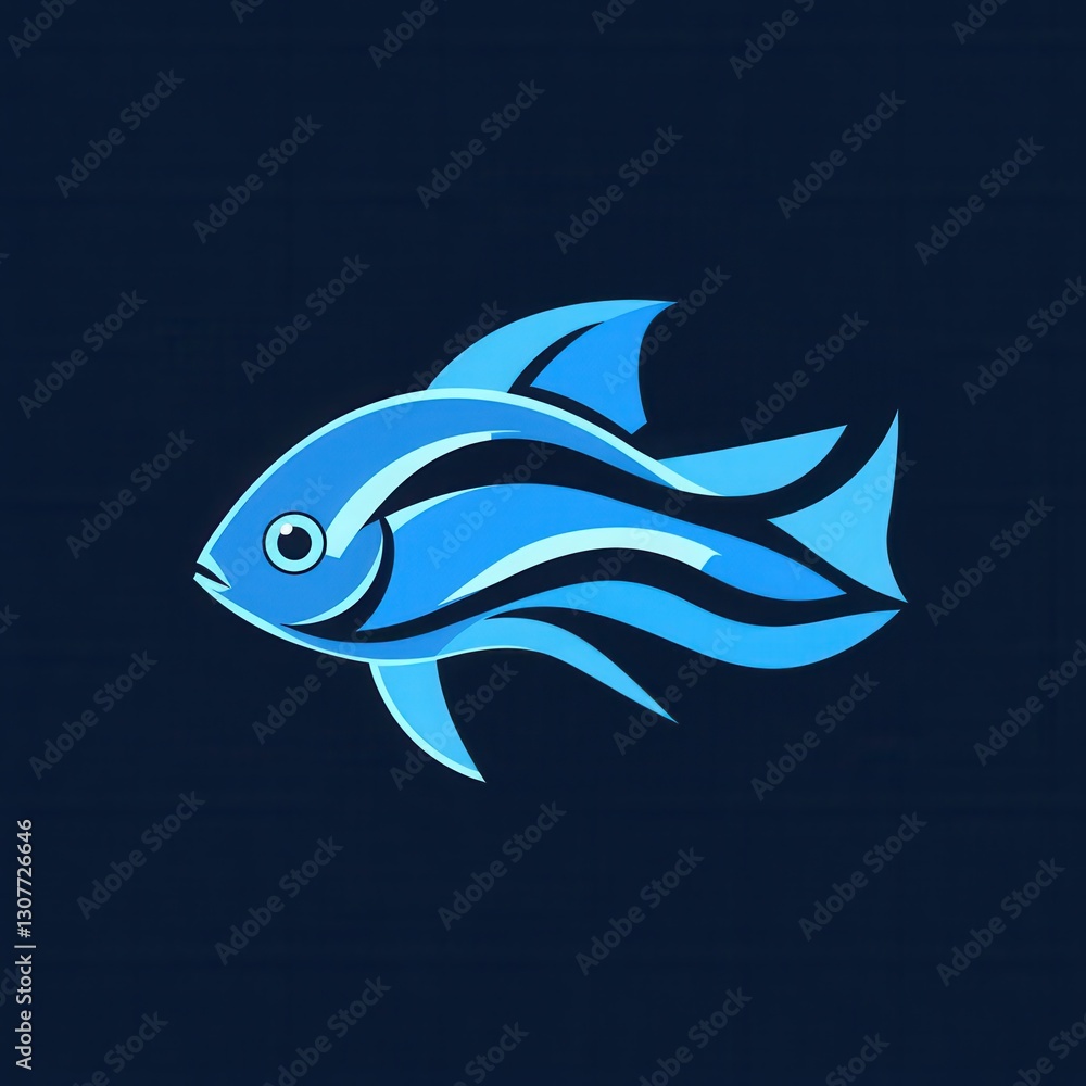Poster modern abstract fish logo featuring wave patterns in cool blue tones with minimalist aquatic design 