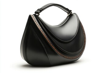 Naklejka premium Stylish black handbag featuring unique curved design and intricate stitching for modern fashion statements