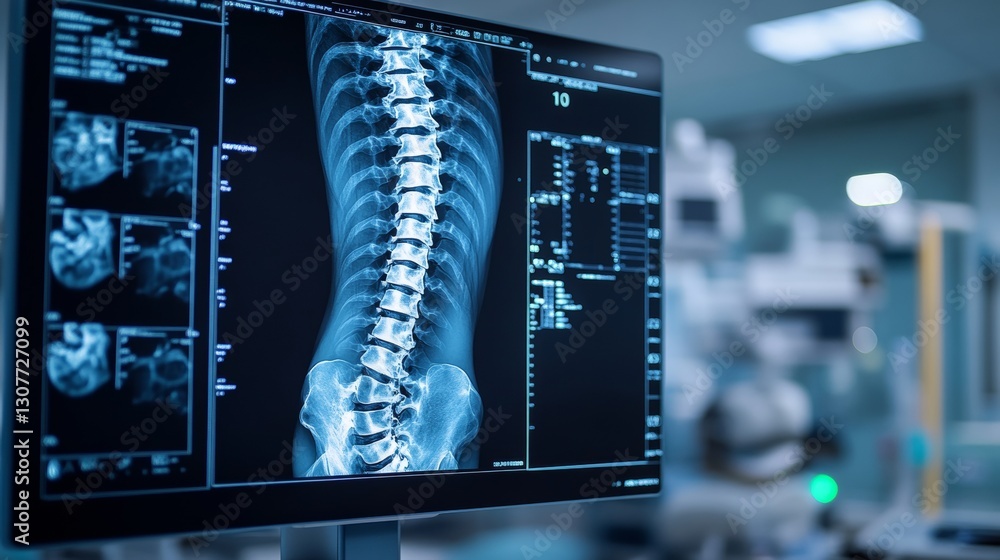 Poster an x-ray image of a man's spine, with a digital interface showing the scan results