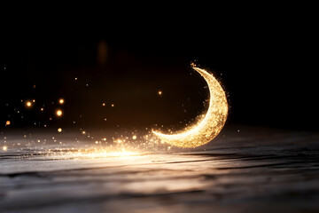 Sparkling crescent moon on dark wooden surface, glittering particles, night background; ideal for Ramadan, Islamic celebrations, or mystical designs