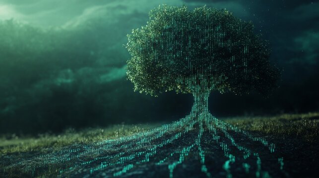 A tree made with digital technology, its roots made of binary code 