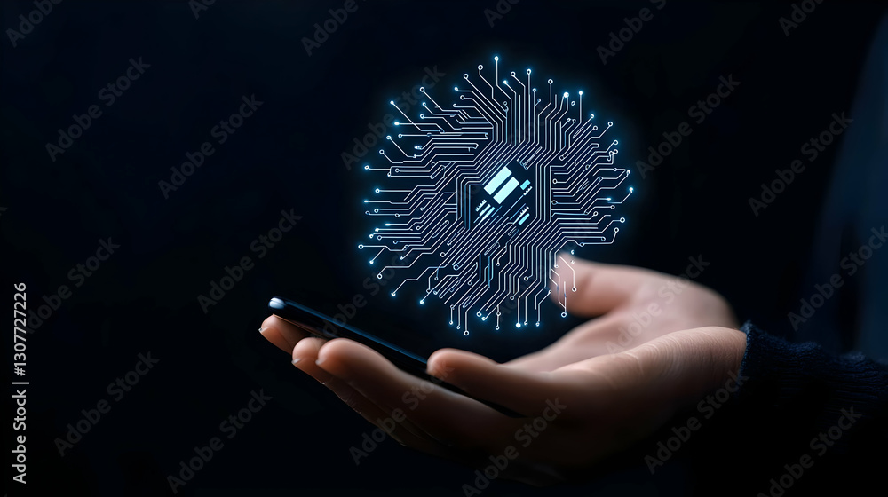 Poster hand holding smartphone with abstract digital circuit projection
