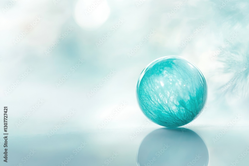 Poster a teal glass sphere with embedded tree branches rests on a reflective surface, creating a serene and