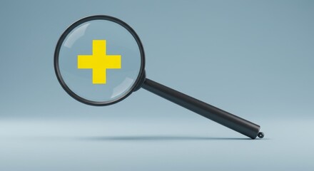 Fototapeta premium Magnifying Glass Focusing on Plus Sign - A 3D of a magnifying glass with a yellow plus sign in focus against a light blue background