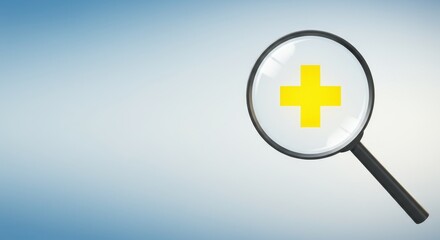 Obraz premium Magnifying Glass with Plus Symbol - A yellow plus symbol is magnified under a magnifying glass on a light blue background. Concept for healthcare, search, or addition
