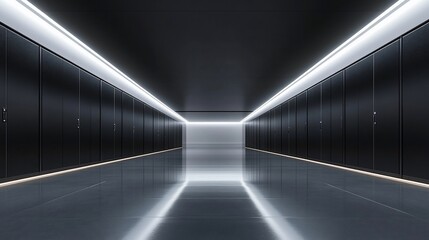 Naklejka premium Sleek Dark Corridor: A Futuristic Server Room Design