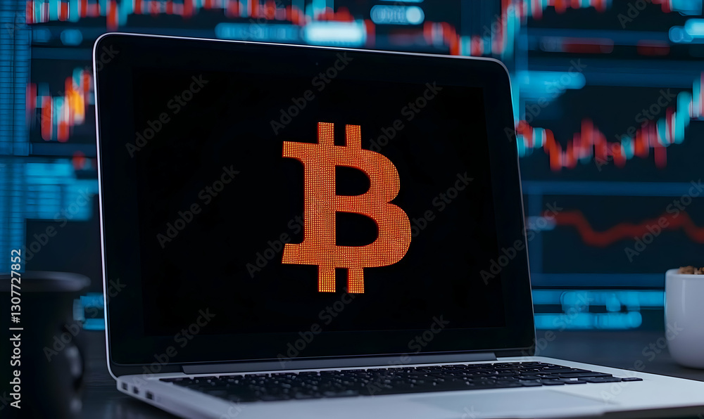 Poster laptop displaying bitcoin logo with stock market charts in background